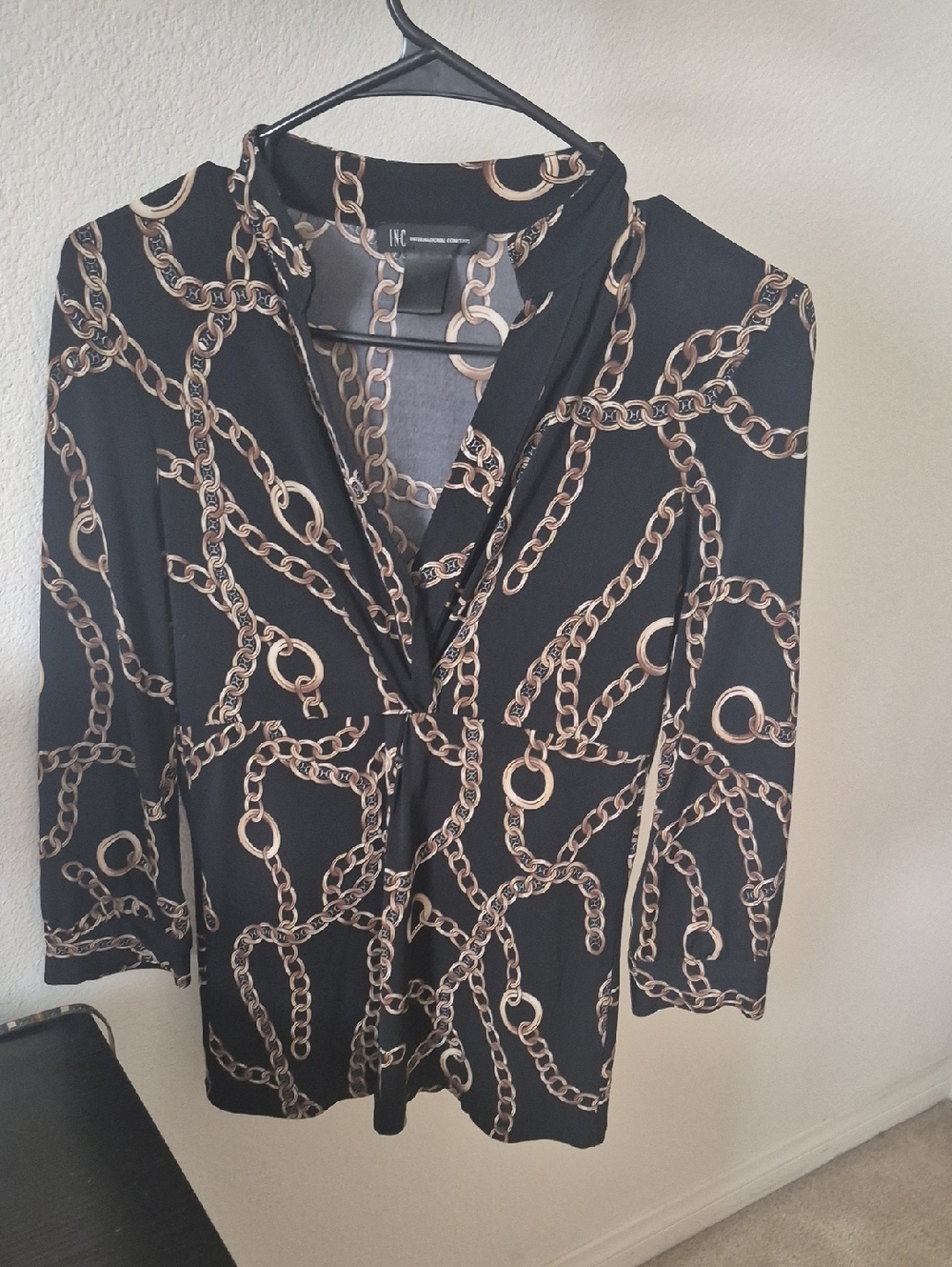 INC International Concepts Black Blouse with Gold Chain Print